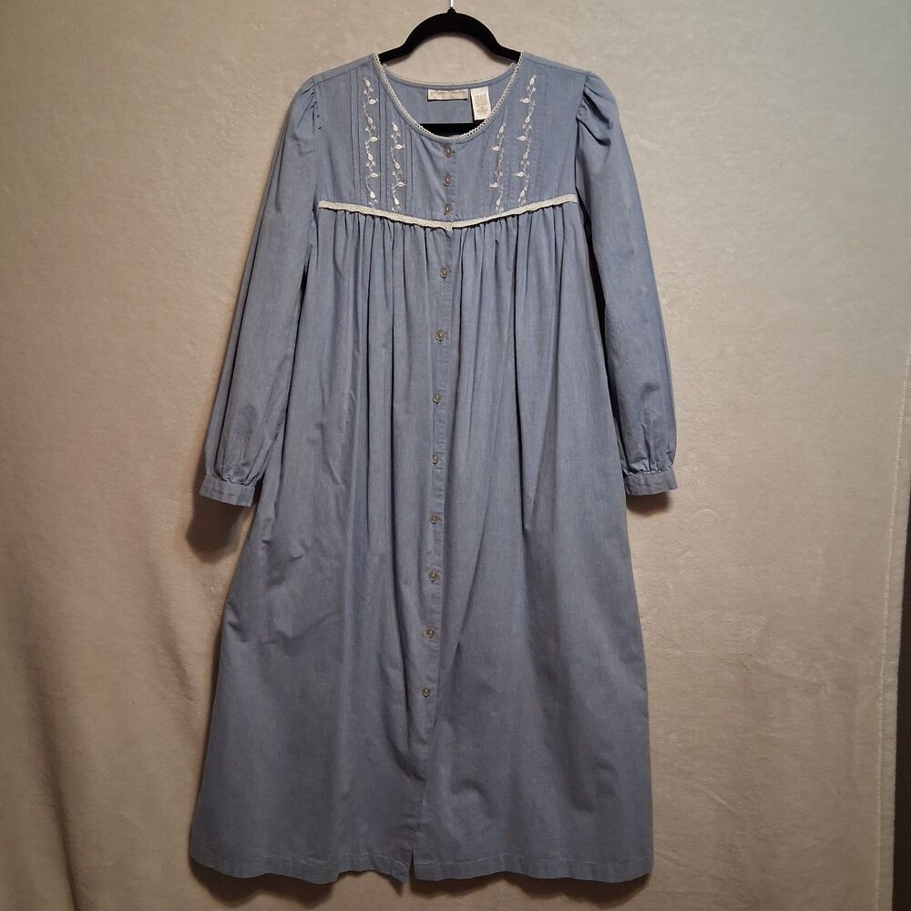 Gilligan O’Malley S Nightgown Embroidered Button Front  Blue Cotton Cottagecore